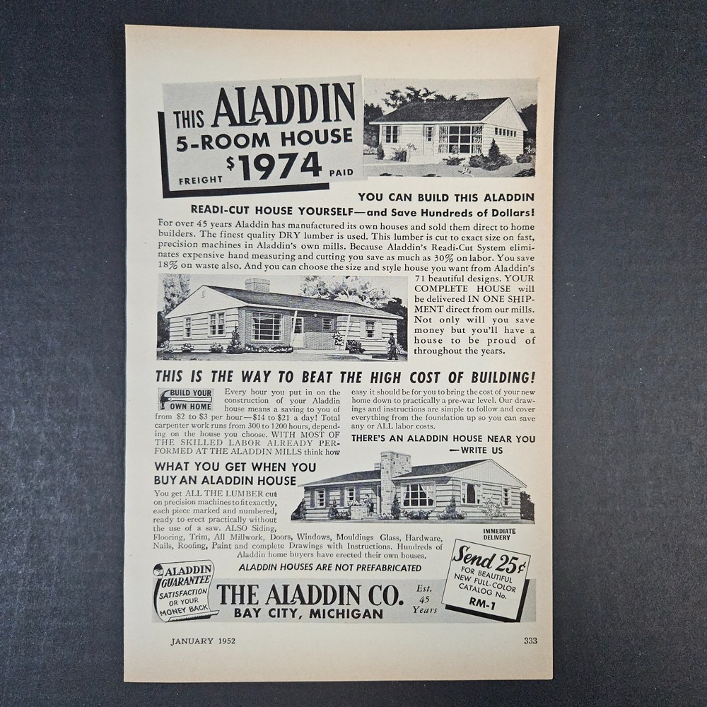 1952 Aladdin Co Houses Readi-Cut You Can Build Vintage Print Ad Bay City MI Shop